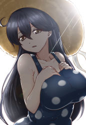 Rule 34 | 10s, 1girl, breasts, commentary request, hair between eyes, hat, highres, kantai collection, large breasts, long hair, looking at viewer, polka dot, polka dot swimsuit, solo, sun hat, swimsuit, ushio (kancolle), wo jianqiang fu guo