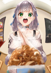 Rule 34 | 1girl, :d, absurdres, black choker, blue ribbon, blurry, blurry foreground, blush, breasts, choker, commentary request, fisheye, food, green eyes, hair ribbon, hands up, highres, hololive, large breasts, long sleeves, looking at viewer, medium hair, nayuyu1105, open mouth, own hands together, ribbon, shirogane noel, shirogane noel (casual), silver hair, smile, solo, sweater, upper body, virtual youtuber, white sweater