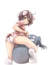 Rule 34 | 1girl, animal ears, ass, bad id, bad pixiv id, bare arms, bare legs, black hair, brown eyes, dress, embarrassed, highres, inaba tewi, looking at viewer, panties, pink dress, rabbit ears, shimada sarasara, short dress, short hair, simple background, socks, solo, touhou, transparent background, underwear, wavy mouth, white panties, white socks