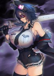 Rule 34 | 1girl, black gloves, black jacket, black skirt, breast pocket, breasts, checkered clothes, checkered necktie, checkered neckwear, covered navel, eyepatch, gloves, grin, hair between eyes, hand on own hip, headgear, high-waist skirt, holding, holding sword, holding weapon, huge breasts, jacket, kantai collection, necktie, off shoulder, over shoulder, partially fingerless gloves, pocket, purple hair, shiba nanasei, shirt, short hair, simple background, skirt, sleeveless, sleeveless shirt, smile, solo, sword, tenryuu (kancolle), tenryuu kai ni (kancolle), thighhighs, weapon, weapon over shoulder, white shirt