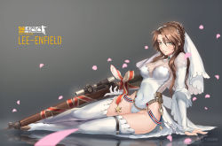 Rule 34 | 1girl, blush, boots, braid, breasts, brown hair, character name, cherry blossoms, cleavage, commentary, covered navel, english commentary, covered erect nipples, french braid, girls&#039; frontline, green eyes, gun, hair ornament, highres, holding, knee boots, ku99 (kugugu), lace, large breasts, lee-enfield (girls&#039; frontline), leotard, long hair, looking at viewer, lying, medal, on side, rifle, solo, thighhighs, weapon, white leotard