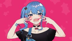 Rule 34 | 1girl, alternate costume, alternate hairstyle, animal (vocaloid), bandaid, black shirt, blue eyes, blue hair, blue overalls, choker, collarbone, drooling, hair ornament, hairclip, heart, heart choker, highres, hololive, hoshimachi suisei, jewelry, kenken (keuken), looking at viewer, medium hair, open mouth, overalls, parody, pink background, ring, shirt, side ponytail, solo, star (symbol), star in eye, starry background, symbol in eye, virtual youtuber, vocaloid