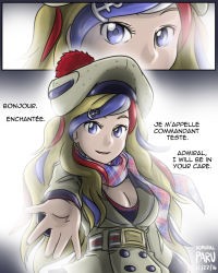 Rule 34 | 10s, 1girl, 2koma, admiral paru, anchor symbol, artist name, belt, beret, bilingual, blonde hair, blue eyes, blue hair, buttons, comic, commandant teste (kancolle), dated, double-breasted, english text, foreshortening, french text, hair ornament, hat, jacket, kantai collection, long hair, long sleeves, looking at viewer, mixed-language text, multicolored hair, pom pom (clothes), red hair, scarf, smile, streaked hair, swept bangs, white hair, white hat