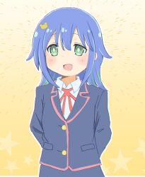 Rule 34 | 1girl, :d, arms behind back, black jacket, black skirt, blue hair, commentary, green eyes, green hair, hair between eyes, highres, izanaminomickot, jacket, light blush, long hair, long sleeves, multicolored hair, neck ribbon, onii-chan wa oshimai!, open mouth, outline, red ribbon, ribbon, school uniform, shirt, simple background, skirt, smile, solo, star (symbol), tenkawa nayuta, two-tone hair, white outline, white shirt, wing collar, yellow background