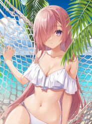 Rule 34 | 1girl, arm at side, armpit crease, bare shoulders, bikini, blue sky, breasts, cleavage, cloud, collarbone, commentary request, curvy, day, expressionless, eyelashes, hair over one eye, hammock, highres, large breasts, light blush, long hair, looking at viewer, melonbooks, muririn, ocean, one eye covered, original, outdoors, palm leaf, parted lips, pink hair, purple eyes, sitting, skindentation, sky, solo, straight hair, swimsuit, very long hair, white bikini