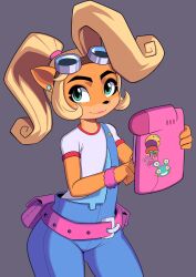 Rule 34 | 1girl, belt, blonde hair, blue overalls, coco bandicoot, crash bandicoot (series), earrings, furry, furry female, goggles, goggles on head, green eyes, grey background, highres, holding, holding tablet pc, jewelry, looking at viewer, medium hair, ninelean, overalls, pink belt, ponytail, shirt, simple background, solo, tablet pc, white shirt