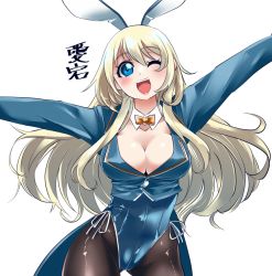 Rule 34 | 1girl, animal ears, atago (kancolle), black pantyhose, blonde hair, blue eyes, blue jacket, blue leotard, bow, bowtie, breasts, cleavage, cowboy shot, detached collar, fake animal ears, jacket, kantai collection, large breasts, leotard, long hair, open mouth, outstretched arms, pantyhose, playboy bunny, rabbit ears, simple background, smile, solo, strapless, strapless leotard, tailcoat, teeth, udukikosuke, upper teeth only, white background, yellow bow, yellow bowtie