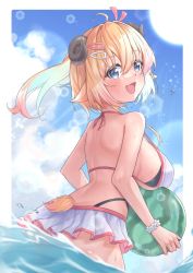 Rule 34 | 1girl, :d, ahoge, animal ears, back, ball, bare arms, bare shoulders, beachball, bikini, bikini skirt, blonde hair, blue eyes, breast press, breasts, chikichiki mutton, commentary, cowboy shot, day, floating hair, flower bracelet, from behind, hair between eyes, hair ornament, hairclip, halterneck, highres, holding, holding ball, holding beachball, hololive, horns, large breasts, looking at viewer, looking back, open mouth, outdoors, sheep ears, sheep girl, sheep horns, sheep tail, smile, solo, standing, swimsuit, symbol-only commentary, tail, tsunomaki watame, virtual youtuber, wading, water, white bikini