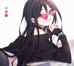 Rule 34 | 1girl, belt, black hair, black shirt, commentary, from side, heart, heart-shaped eyewear, highres, interlocked fingers, long hair, long sleeves, looking at viewer, lying, nail polish, on stomach, open mouth, original, own hands together, pink-tinted eyewear, purple belt, purple nails, shi wo 3, shirt, simple background, solo, symbol-only commentary, tinted eyewear, watch, white background, wristwatch, yellow-framed eyewear