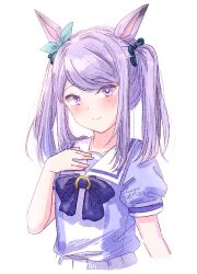 Rule 34 | 1girl, alternate hairstyle, animal ears, blue bow, blue ribbon, blue shirt, blush, bow, closed mouth, ear ribbon, hand on own chest, horse ears, ittokyu, looking at viewer, mejiro mcqueen (umamusume), pleated skirt, puffy short sleeves, puffy sleeves, purple eyes, purple hair, ribbon, school uniform, shirt, short sleeves, signature, simple background, skirt, smile, solo, swept bangs, tracen school uniform, twintails, umamusume, white background, white skirt