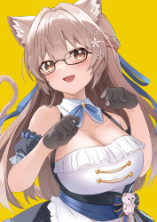 Rule 34 | 1girl, :d, animal ear fluff, animal ears, babupipi, bare shoulders, black-framed eyewear, black dress, black gloves, black sleeves, blue bow, bow, braid, breasts, brown eyes, brown hair, cat ears, cat girl, cat tail, cleavage, collarbone, commentary request, detached collar, detached sleeves, dress, enatsu, flower, glasses, gloves, hair between eyes, hair flower, hair ornament, hands up, highres, indie virtual youtuber, large breasts, long hair, looking at viewer, open mouth, puffy short sleeves, puffy sleeves, short sleeves, simple background, smile, solo, tail, very long hair, virtual youtuber, white flower, wing collar, yellow background