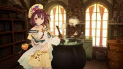 Rule 34 | 1girl, atelier (series), atelier sophie, blush, book, brown eyes, brown hair, cauldron, game cg, jewelry, looking at viewer, necklace, noco (adamas), official art, short hair, smile, solo, sophie neuenmuller