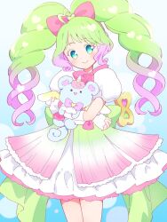 Rule 34 | 1girl, ahoge, blue eyes, bow, closed mouth, commentary request, cowboy shot, dress, frilled dress, frills, gradient hair, green hair, hair bow, haru (haru1bc6c4), heart, highres, holding, holding stuffed toy, idol clothes, laalulu, long hair, looking at viewer, mascot, multicolored hair, pink bow, pink hair, pretty series, pripara, puffy short sleeves, puffy sleeves, short sleeves, smile, solo, standing, stuffed animal, stuffed toy, teddy bear, treble clef, twintails, winding key