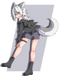 Rule 34 | 1girl, animal ear fluff, animal ears, bare shoulders, black footwear, black hair, boots, commentary request, fake animal ears, grey background, grey hair, grey shorts, hair between eyes, highres, hood, hood down, hooded jacket, jacket, kuroyuri (sakurayuki lily), long sleeves, multicolored hair, off shoulder, open clothes, open jacket, original, puffy long sleeves, puffy sleeves, short shorts, shorts, sleeves past wrists, solo, standing, standing on one leg, tail, thigh strap, two-tone background, two-tone hair, white background, white hair, yellow eyes