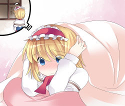 Rule 34 | 1girl, alice margatroid, bed, blonde hair, blue eyes, capelet, cushion, dress, glass writing, hairband, hammer (sunset beach), lolita hairband, long sleeves, short hair, solo, tears, thinking, touhou, under covers, window