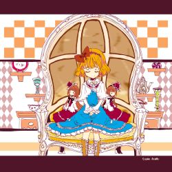 Rule 34 | 1girl, alice margatroid, alice margatroid (pc-98), bad id, bad pixiv id, blonde hair, bow, chair, child, closed eyes, dishes, doll, dress, female focus, hafuri, hair bow, hair ribbon, ribbon, shelf, shoes, short hair, sitting, smile, solo, touhou, touhou (pc-98)