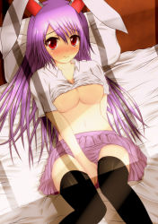Rule 34 | 1girl, absurdres, animal ears, bad id, bad pixiv id, bed, between thighs, black thighhighs, blush, breasts, clothes lift, female focus, highres, large breasts, long hair, lying, navel, no bra, on back, pillow, purple hair, rabbit ears, red eyes, reisen udongein inaba, shirt lift, skirt, solo, thighhighs, thighs, toranashi, touhou, underboob