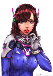 Rule 34 | 1girl, absurdres, animal print, blue bodysuit, bodysuit, border, breasts, brown eyes, brown hair, candy, commentary request, d.va (overwatch), dated, eating, facepaint, facial mark, food, glint, gloves, graphite (medium), gtolin chang, headphones, high collar, highres, lips, lollipop, long hair, looking at viewer, making-of available, medium breasts, nose, overwatch, overwatch 1, pilot suit, pink lips, rabbit print, ribbed bodysuit, shiny clothes, simple background, skin tight, solo, swept bangs, traditional media, upper body, whisker markings, white background, white border, white gloves