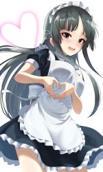 Rule 34 | 1girl, absurdres, akiyama mio, apron, back bow, black dress, black hair, blunt bangs, blush, bow, cereal (cerealoekaki), commentary request, dress, embarrassed, heart, heart hands, highres, hime cut, k-on!, long hair, looking at viewer, maid, maid headdress, moe moe kyun!, open mouth, puffy short sleeves, puffy sleeves, short sleeves, simple background, solo, waist bow, white background