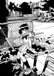 Rule 34 | 1girl, arm support, backpack, bag, building, cityscape, fence, grass, highres, holding, holding bag, kawiochi, looking afar, monochrome, open mouth, original, outdoors, pleated skirt, road, sailor collar, school uniform, serafuku, shoes, short hair, skirt, sneakers, socks, solo, street
