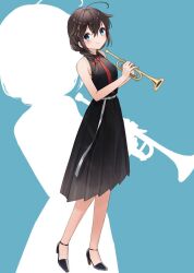 Rule 34 | 1girl, ahoge, black dress, black footwear, blue eyes, blush, braid, brown hair, closed mouth, collared dress, dress, full body, hair between eyes, high heels, holding, holding instrument, holding trumpet, instrument, kantai collection, long hair, necktie, one-hour drawing challenge, red necktie, shigure (kancolle), shigure kai ni (kancolle), single braid, sleeveless, sleeveless dress, smile, solo, trumpet, yamashichi (mtseven)