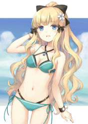 Rule 34 | 104, 1girl, aqua bikini, bikini, black bikini, black bow, blonde hair, blue eyes, blue sky, blunt bangs, bow, bracelet, breasts, cleavage, cloud, cloudy sky, commentary, cowboy shot, criss-cross halter, day, elf, flower, hair bow, hair flower, hair ornament, halterneck, hand in own hair, highres, jewelry, layered bikini, long hair, looking at viewer, navel, o-ring, o-ring bikini, open mouth, outside border, pointy ears, princess connect!, saren (princess connect!), saren (summer) (princess connect!), side-tie bikini bottom, sky, small breasts, smile, solo, standing, swimsuit, wristband