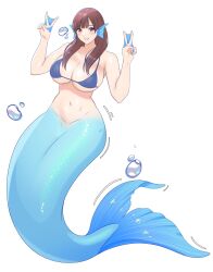 Rule 34 | 1girl, absurdres, bikini, blue bikini, blush, breasts, brown eyes, brown hair, bubble, cleavage, collarbone, double v, fins, full body, groin, head fins, highres, kiria021, large breasts, long hair, looking at viewer, mermaid, monster girl, navel, original, simple background, smile, solo, swimsuit, v, white background