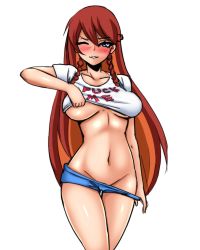 Rule 34 | 1girl, asortofcolorfag, blue eyes, blush, braid, breasts, clothes lift, clothes pull, collarbone, donburi (donburikazoku), large breasts, long hair, navel, no bra, one eye closed, parted lips, re:creators, red hair, selesia upitiria, shirt, shirt lift, short shorts, short sleeves, shorts, shorts pull, simple background, solo, standing, thigh gap, thighs, twin braids, white background, white shirt
