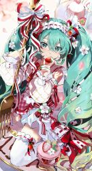 Rule 34 | 1girl, aqua nails, closed mouth, crossed bangs, detached sleeves, food, food-themed hair ornament, fork, fruit, hair between eyes, hair ornament, hairband, hatsune miku, highres, holding, holding food, holding fork, holding fruit, iwatnc, lolita hairband, looking at viewer, macaron, nail polish, official alternate costume, oversized object, pink theme, smile, solo, strawberry, strawberry hair ornament, strawberry miku (morikura), twintails, vocaloid