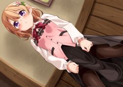 Rule 34 | 1girl, black pantyhose, black skirt, blush, bow, bowtie, breasts, buttons, clothes lift, collared shirt, commentary request, cowboy shot, dutch angle, from below, gochuumon wa usagi desu ka?, hair between eyes, hair ornament, hairclip, highres, hoto cocoa, indoors, lifted by self, long sleeves, looking at viewer, mousou (mousou temporary), orange hair, pantyhose, parted lips, pink vest, purple eyes, rabbit house uniform, red bow, red bowtie, shirt, short hair, skirt, skirt lift, small breasts, solo, standing, teeth, thighband pantyhose, vest, wall, white shirt, wood, wooden wall