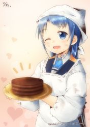 Rule 34 | 1girl, ;d, apron, blue eyes, blue hair, blush, cake, chocolate cake, dated, dirty, dirty clothes, food, gradient background, heart, highres, kantai collection, kappougi, long hair, mae (maesanpicture), no gloves, notice lines, one eye closed, open mouth, plate, sailor collar, samidare (kancolle), smile, solo, swept bangs, tenugui, tray, twitter username, upper body, very long hair