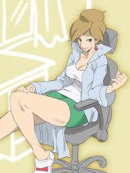 Rule 34 | 10s, 1girl, aurea juniper, bad id, bad pixiv id, bare legs, breasts, brown hair, chair, cleavage, creatures (company), earrings, game freak, green eyes, jewelry, lab coat, large breasts, nintendo, office chair, pencil skirt, pokemon, pokemon bw, shoes, skirt, smile, sneakers, solo, swivel chair, zaitsu