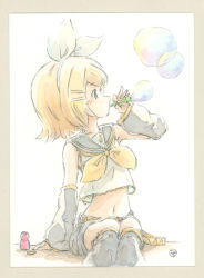 Rule 34 | 1girl, arm warmers, belt, blonde hair, blue eyes, bottle, bow, bubble, blowing bubbles, collar, commentary, cowboy shot, crop top, epoxy putty, grey collar, grey shorts, grey sleeves, hair bow, hair ornament, hairclip, holding, kagamine rin, leg warmers, looking to the side, midriff, navel, neckerchief, sailor collar, shirt, short hair, short shorts, shorts, sitting, solo, swept bangs, traditional media, treble clef, vocaloid, white background, white bow, white shirt, yellow neckerchief