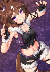 Rule 34 | 1girl, animal ears, black choker, black gloves, black shirt, black shorts, blush, breasts, brown hair, choker, claw pose, cleavage, collarbone, commentary, cowboy shot, crop top, ear ornament, fingerless gloves, fur-trimmed gloves, fur-trimmed vest, fur trim, gloves, grin, groin, hair between eyes, hands up, highres, horse ears, horse girl, horse tail, looking at viewer, medium breasts, midriff, multicolored hair, musan (mu34mi), navel, purple background, purple eyes, purple vest, sharp teeth, shinko windy (umamusume), shirt, short hair, short shorts, shorts, sidelocks, skindentation, smile, solo, standing, tail, teeth, thigh strap, torn clothes, torn shirt, torn shorts, umamusume, vest, white hair