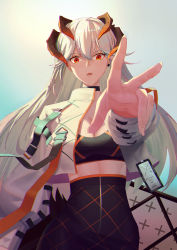 Rule 34 | 1girl, absurdres, arknights, black choker, breasts, choker, cleavage, crop top, earrings, from above, highres, horns, jacket, jewelry, long hair, looking at viewer, medium breasts, open mouth, orange eyes, saria (arknights), serelith, silver hair, simple background, skirt, solo, white jacket
