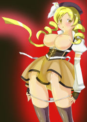 Rule 34 | 10s, 1girl, blonde hair, blush, breasts, breasts out, drill hair, female focus, large breasts, magical girl, mahou shoujo madoka magica, nipples, no bra, panties, panty pull, solo, thighhighs, tomoe mami, tomoe mami (magical girl), twin drills, underwear