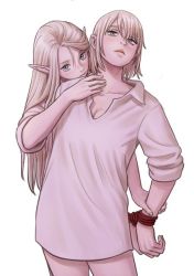 Rule 34 | 2girls, arm grab, arms behind back, blonde hair, blush, bob cut, bottomless, bound, bound wrists, breasts, closed mouth, collarbone, collared shirt, dungeon meshi, elf, falin touden, falin touden (tallman), green eyes, hand up, head on another&#039;s shoulder, hug, hug from behind, jyolin manula, lips, long hair, looking at viewer, marcille donato, medium breasts, multiple girls, pointy ears, rope, shirt, short hair, simple background, sleeves rolled up, standing, straight hair, t-shirt, white background, white shirt