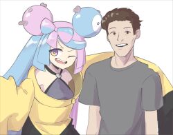 Rule 34 | 1girl, bow-shaped hair, brown hair, character hair ornament, creatures (company), crossover, game freak, grey shirt, hair ornament, iono (pokemon), jacket, jerma985, jerma985 (person), long hair, multicolored hair, nintendo, one eye closed, pokemon, pokemon sv, sharp teeth, shirt, sifserf, simple background, sleeves past fingers, sleeves past wrists, teeth, two-tone hair, upper body, upper teeth only, white background, yellow jacket