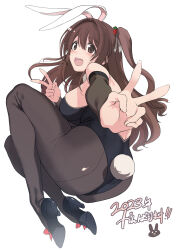 Rule 34 | 1girl, 2023, :d, animal ears, ass, back, back cutout, bare shoulders, black footwear, black leotard, black pantyhose, black rabbit (animal), black sleeves, blush, breasts, brown eyes, brown hair, carrot hair ornament, clothing cutout, detached sleeves, double v, fake animal ears, fake tail, food-themed hair ornament, from behind, full body, hair ornament, hands up, high heels, highres, idolmaster, idolmaster cinderella girls, idolmaster cinderella girls starlight stage, knees up, leotard, long hair, looking at viewer, looking back, medium breasts, one side up, open mouth, pantyhose, playboy bunny, rabbit ears, rabbit tail, reaching, reaching towards viewer, red ribbon, ribbon, ribbon shoes, saruanu, shimamura uzuki, sideboob, simple background, smile, solo, strapless, strapless leotard, tail, teeth, upper teeth only, v, white background