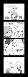 Rule 34 | 1boy, 3girls, 4koma, breasts, chibi, cleavage, comic, eating, english text, highres, large breasts, lie ren, lunarisaileron, monochrome, multiple girls, nora valkyrie, pancake, ruby rose, rwby, smile, weiss schnee