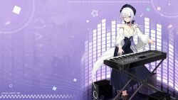 Rule 34 | 1girl, ahoge, alternate costume, bare shoulders, beret, black skirt, blue eyes, breasts, english text, hat, highres, honkai (series), honkai impact 3rd, instrument, kiana kaslana, long hair, long skirt, long sleeves, looking at viewer, multicolored hair, music, musical note, official art, official wallpaper, open hanbok, piano, playing instrument, playing piano, purple background, skirt, small breasts, standing, star (symbol), streaked hair, very long hair, white hair