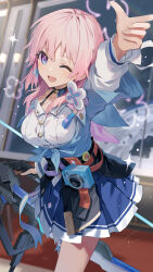 Rule 34 | acorn, archery shooting glove, bare legs, belt, black choker, blue eyes, blue jacket, blue skirt, bow (weapon), breasts, brown belt, buttons, camera, choker, commentary, cow, crossbow, flower ornament, gloves, gradient eyes, highres, holding, holding crossbow, holding weapon, honkai: star rail, honkai (series), jacket, large breasts, march 7th (honkai: star rail), medium hair, motto (night wear), multicolored eyes, multiple belts, one eye closed, open mouth, partially fingerless gloves, pink eyes, pink hair, pleated skirt, pointing, pointing up, skirt, smile, tied jacket, underbust, weapon