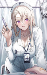Rule 34 | 1girl, blonde hair, blush, breast pocket, breasts, cleavage, collarbone, commentary request, fingernails, gongha, hair between eyes, hat, highres, holding, holding syringe, id card, indoors, intravenous drip, lanyard, large breasts, long hair, long sleeves, looking at viewer, mole, mole on breast, mole under eye, mole under mouth, nurse, nurse cap, original, parted lips, pocket, pov, purple eyes, shirt, skirt, smile, solo focus, syringe, teeth, upper teeth only, white shirt, white skirt