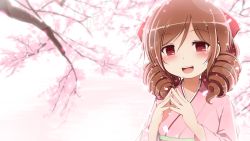 Rule 34 | 10s, 1girl, blush, bow, brown hair, cherry blossoms, drill hair, earth ekami, fingers together, hair bow, harukaze (kancolle), highres, japanese clothes, kantai collection, kimono, long hair, looking at viewer, meiji schoolgirl uniform, open mouth, red bow, red eyes, smile, solo, tree, twin drills, upper body, wallpaper