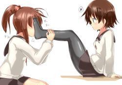Rule 34 | 10s, 2girls, ?, blush, breasts, brown hair, feet, female focus, foot on another&#039;s face, foot on head, foot worship, hanawa kaoru, holding another&#039;s foot, long hair, multiple girls, naka (cheeseyeast), pantyhose, ponytail, sawatari fuu, school uniform, short hair, simple background, sitting, skirt, smell, smelling, spoken squiggle, squiggle, tamayura, thighhighs, white background, yuri