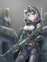 Rule 34 | 1girl, assault rifle, blue eyes, blue hair, breasts, city, commentary request, cyberpunk, fingerless gloves, gloves, goggles, goggles on head, gun, highres, hood, medium breasts, original, potato tacos, rifle, ruins, solo, standing, tactical clothes, trigger discipline, weapon