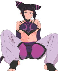 Rule 34 | 1girl, baggy pants, bare shoulders, breasts, cameltoe, chinese clothes, drill hair, dudou, elbow gloves, feet, gloves, halterneck, han juri, highres, looking at viewer, medium breasts, navel, no shoes, pants, purple hair, red eyes, sexybeam, short hair, sideboob, sitting, solo, spread legs, street fighter, street fighter iv (series), sweat, twin drills, white background