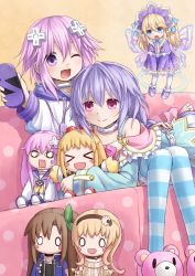 Rule 34 | &gt;:o, &gt; &lt;, &lt;o&gt; &lt;o&gt;, 0 0, 10s, 3girls, :d, :o, ;d, bad id, bad pixiv id, blonde hair, blush stickers, character doll, choker, closed eyes, compa, couch, d-pad, doll, female focus, hair ornament, histoire, histoire (ultradimension), if (neptunia), mini person, minigirl, multiple girls, nepgear, nepgyaa, neptune (neptunia), neptune (series), one eye closed, open mouth, pish, purple eyes, purple hair, pururut, rectangular mouth, size difference, smile, striped clothes, striped legwear, striped thighhighs, thighhighs, v-shaped eyebrows, wink, yuyuzuki (yume usagi)