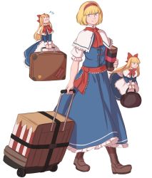 Rule 34 | 3girls, alice margatroid, bag, blonde hair, blue eyes, book, boots, bow, bowtie, capelet, closed eyes, commentary, full body, grimace, hair bow, hairband, handbag, highres, long hair, long sleeves, luggage, mefomefo, multiple girls, rolling suitcase, shanghai doll, short hair, smile, suitcase, touhou, walking, white background