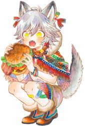 Rule 34 | 1boy, animal ears, boots, bow, bracelet, brown footwear, burger, capelet, commentary request, dot nose, drooling, ear ribbon, earrings, eating, facing viewer, fangs, food, fur-trimmed boots, fur-trimmed capelet, fur trim, grey hair, hair between eyes, highres, holding, holding food, jewelry, karin (salmonosushi), looking at food, making-of available, male focus, marker (medium), mouth drool, multicolored capelet, multicolored clothes, multicolored footwear, multicolored shorts, necklace, no shirt, open mouth, original, short hair, shorts, simple background, solo, squatting, tail, traditional media, white background, wolf boy, wolf ears, wolf tail, yellow eyes